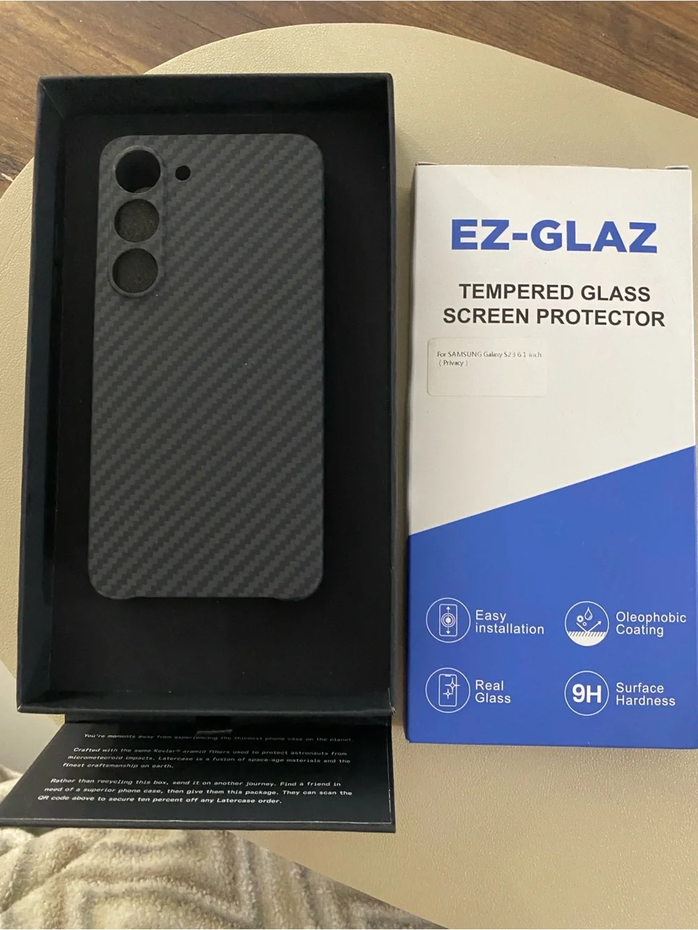 Galaxy S23 Carbon Fiber Style Black Phone Case/Tempered Glass Screen Protector